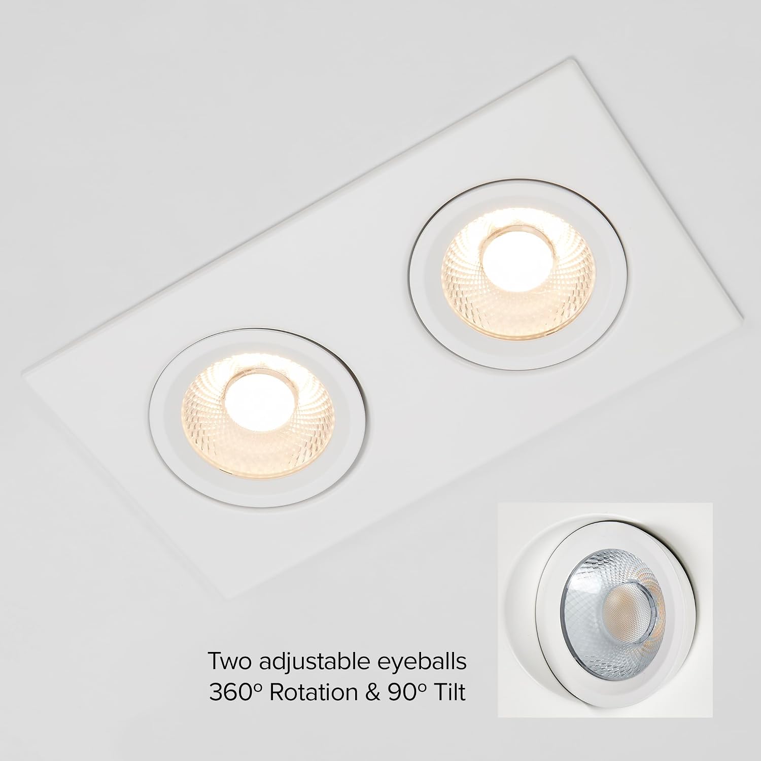 Maxxima 4 inch Two Head Slim Square Recessed LED Floating Gimbal Downlight, Canless IC Rated, 2000 Lumens 5 Color Temperature Selectable 2700K/3000K/3500K/4000K/5000K Dimmable 80 CRI J-Box Included