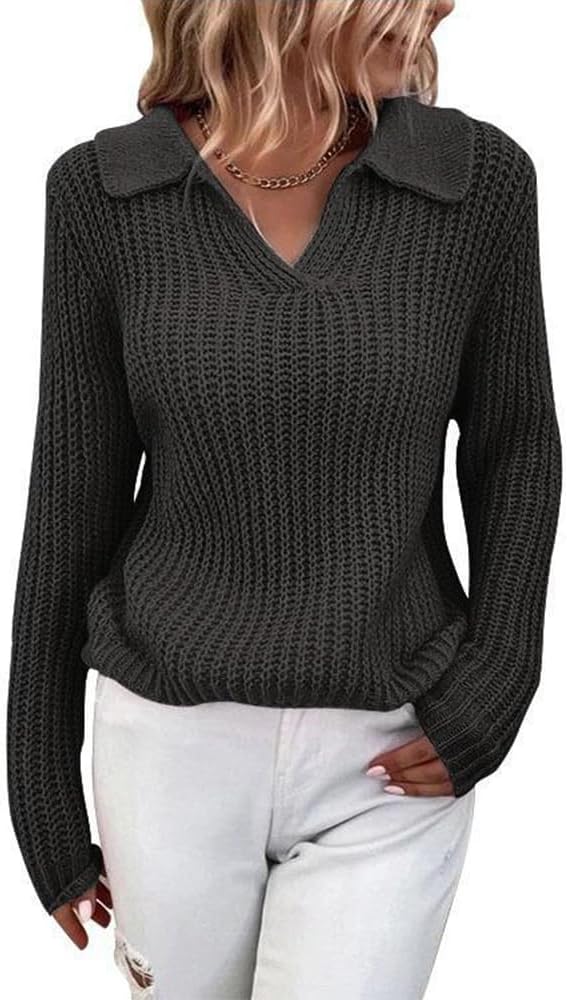 ZOCANIA Collared Sweaters for Women Fall Long Sleeve V Neck Ribbed Knit Sweater Tee Tops Pullover Casual Basic Tee Shirts