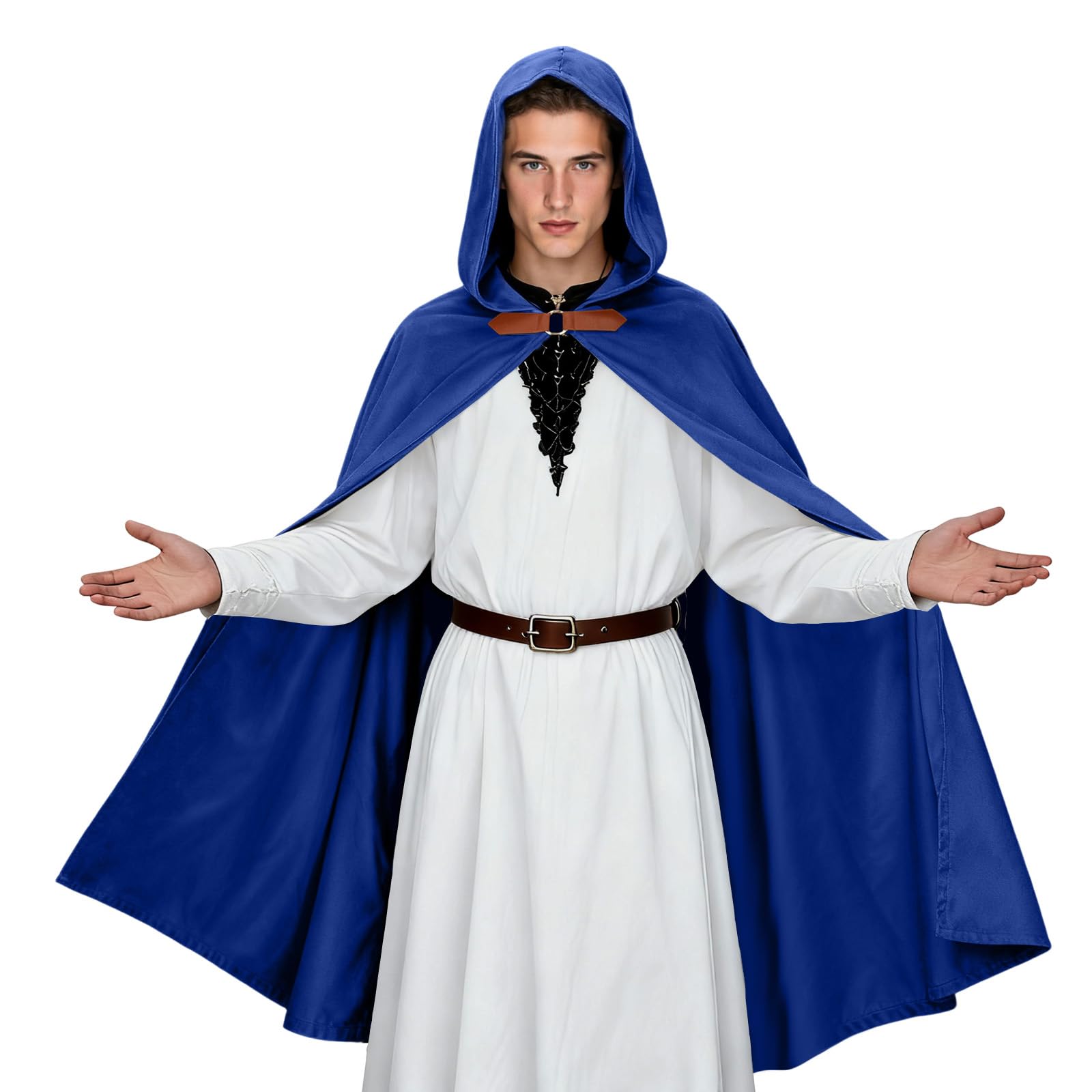 nezababy Medieval Cloak With Hood Renaissance Velvet Cape Ren Faire Fantasy Elf Cape Victorian Ren Faire Viking Costume (Blue, 100 cm)