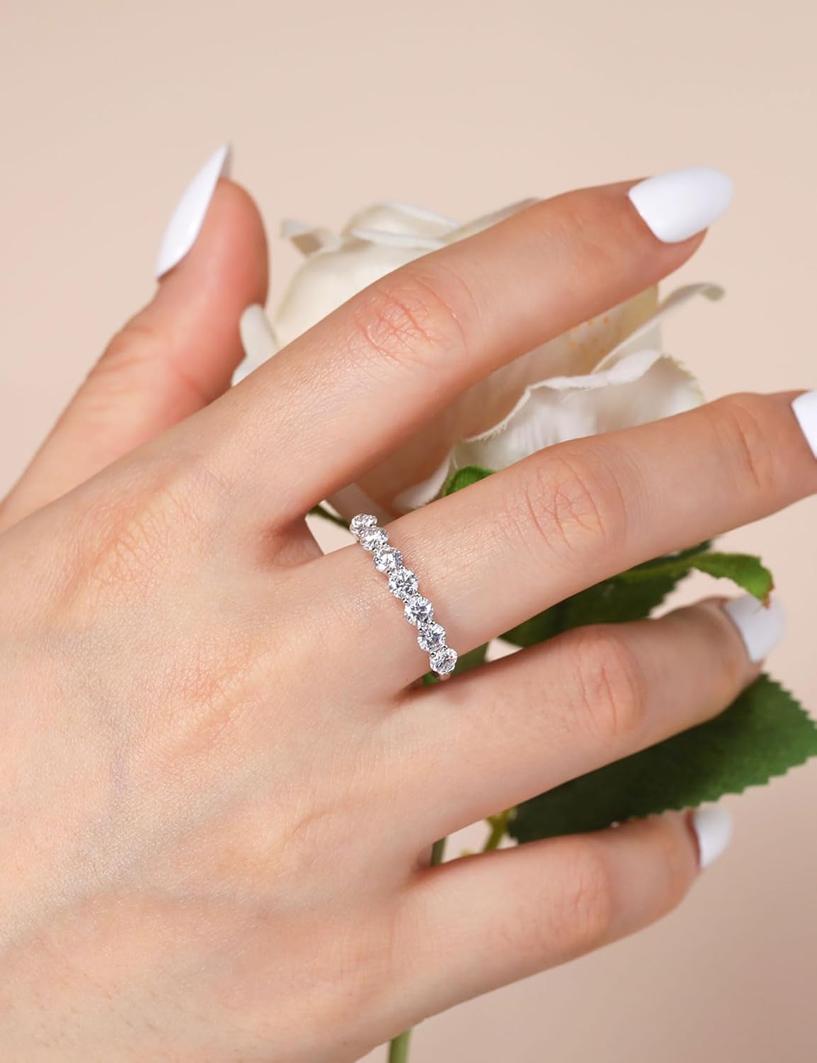 Ladylike 7 Stone Moissanite Wedding Band 925 Sterling Silver Half Eternity Ring for Women 1.4cttw Round Cut D Color VVS1 Clarity Anniversary Promise Band Size 4-11 - Image 6