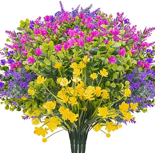 24 Bundles Artificial Flowers for Outdoors 6 Style Decoration UV Resistant Fake Flowers Greenery Shrubs Plants Fake Flowers for Decoration Outdoor Plants Hanging Planter Home Garden Decor