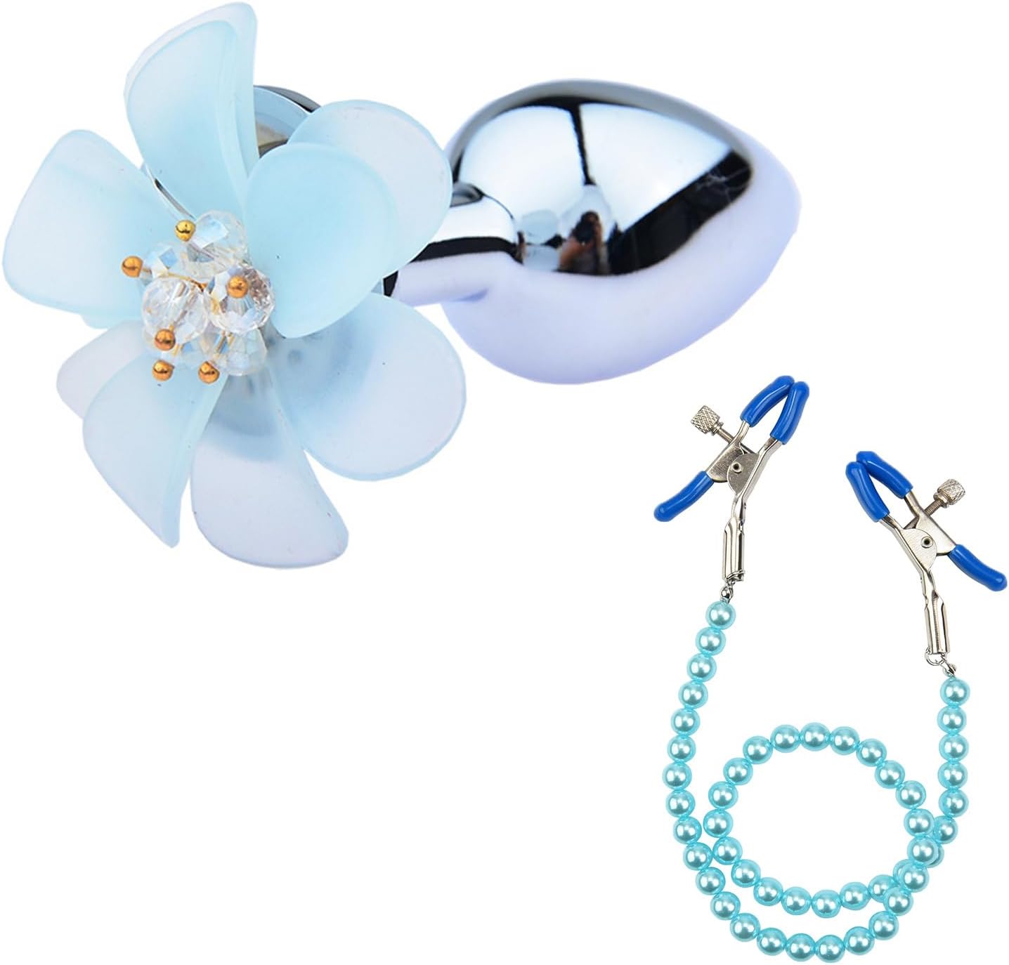 Metal Smooth Butt Plug for Beginner Training, Adjustable Nipple Clamp Set Flower Base Anal Plug Sex Toy