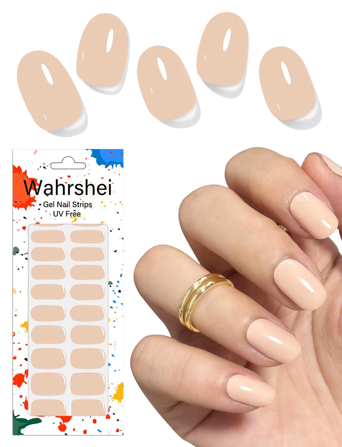 Wahrshei Gel Nail Strips No UV, Nude, UV Free, Long Lasting Gel Stickers - Contains 22 Wraps, 1 Prep Pad, 1 File