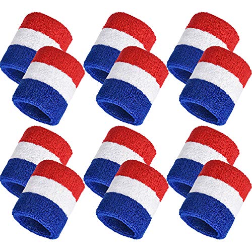 Bememo 12 Pcs Sweatbands Wristband Sweat Wrist Band Competitions Absorbent Sweatbands for Men Women Sports Running(3.15 Red White Blue)