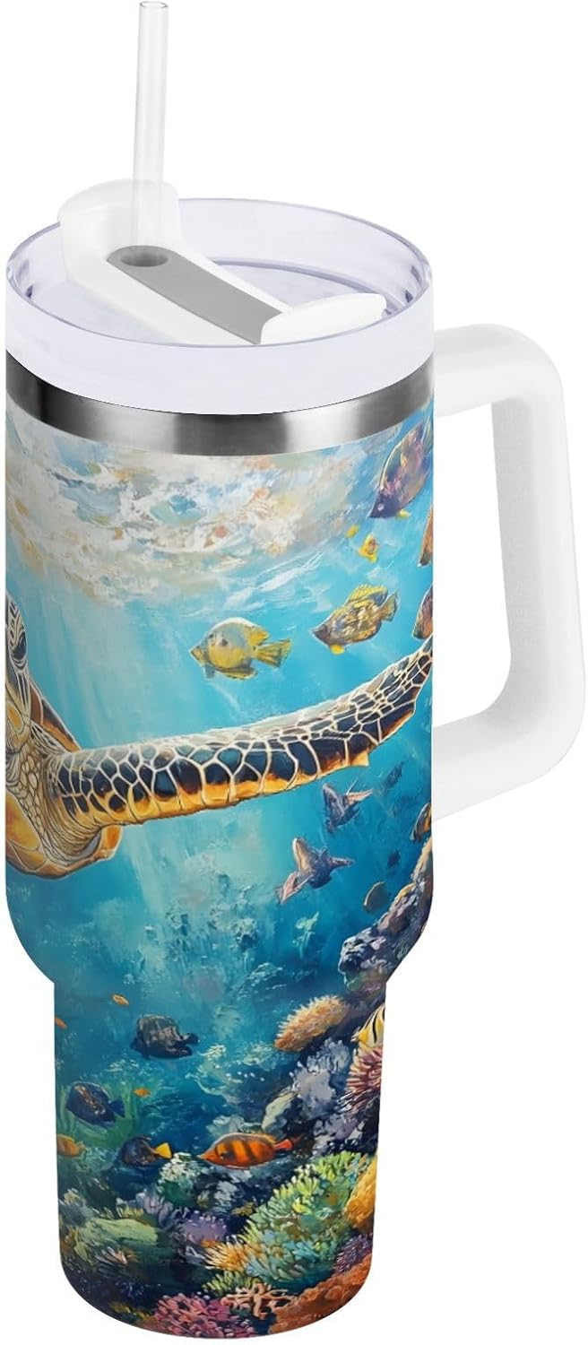 Nander 30oz Deep Sea Turtle Tumbler with Handle and Straw Lid,Insulated Coffee Cup Reusable Stainless Steel Water Bottle Travel Mug Cupholder,Keeps Cold or Hot