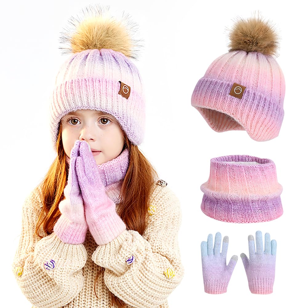 Spiritzohic Kids Winter Beanie Hat Scarf Gloves Set, 3 in 1 Thermal Knitted Pom Pom Hat Snood Gloves Winter Accessories Beanie Hats and Glove for Boys Girls Children 2-10 Years Old-A
