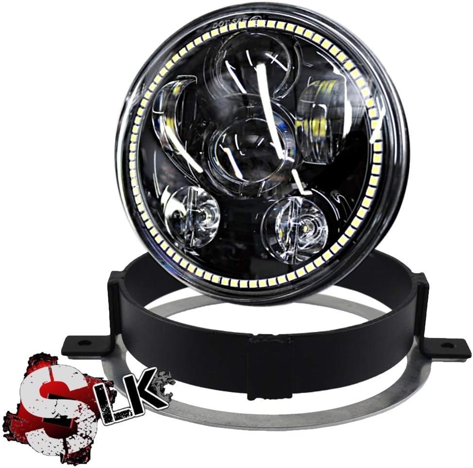 SLK us Customs VTX 5.75 inch Chrome Round LED Projector Daymaker Headlight with Bracket and Hardware – Plug and Play Motorcycle Headlight Compatible with Honda VTX 1300, VTX 1800 (Black/White Halo)