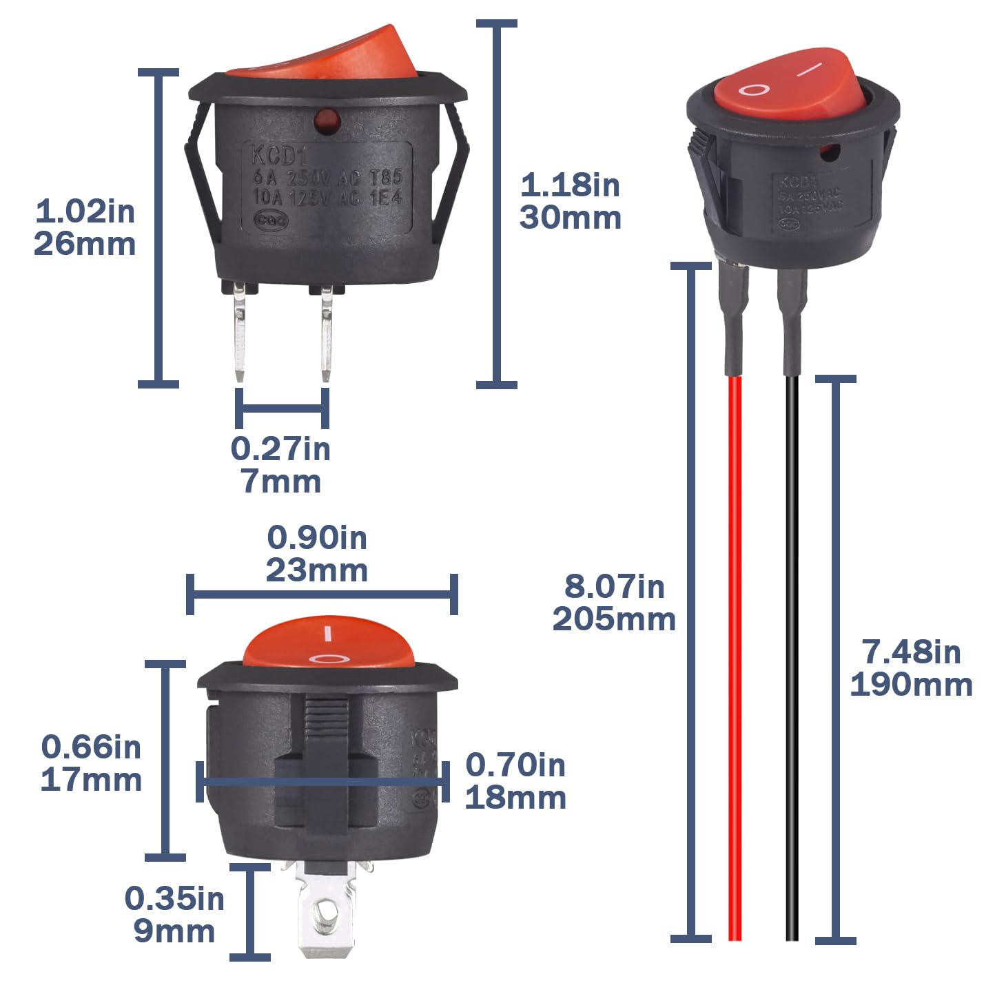 VEXUNGA Round Rocker Switch 12V ON Off Switches Small Mini 12Volt Toggle Switch 2Pin AC 6A 250V 10A 125V 12VDC KCD1 Red for Car Automotive Boat (5Pcs with Leads 5Pcs Without Wires)