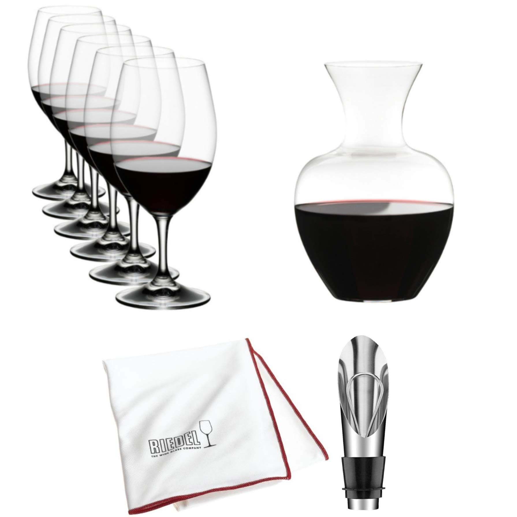 Riedel Ouverture Magnum 6-Piece Glass Set with Apple Decanter and Accessory Bundle (3 Items)