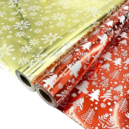 Fassory Lot de 2 rouleaux de papier cadeau métallique de 20 m, 43 cm x 10 m, rouge et doré, motifs sapin de Noël/flocons de neige (doré et rouge)