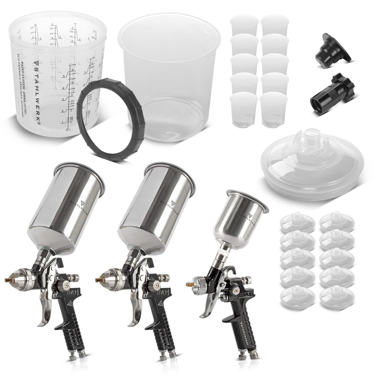 STAHLWERK HVLP Lackierpistolen-Set mit Mischbechern, Lackier-Set SGS-1125ST | Mit 3 Druckluft Lackierpistolen 0,8/1,4/1,7 mm Düsensatz, robuster Aluminium-Koffer, Mischbecherset 25-teilig, 650 ml
