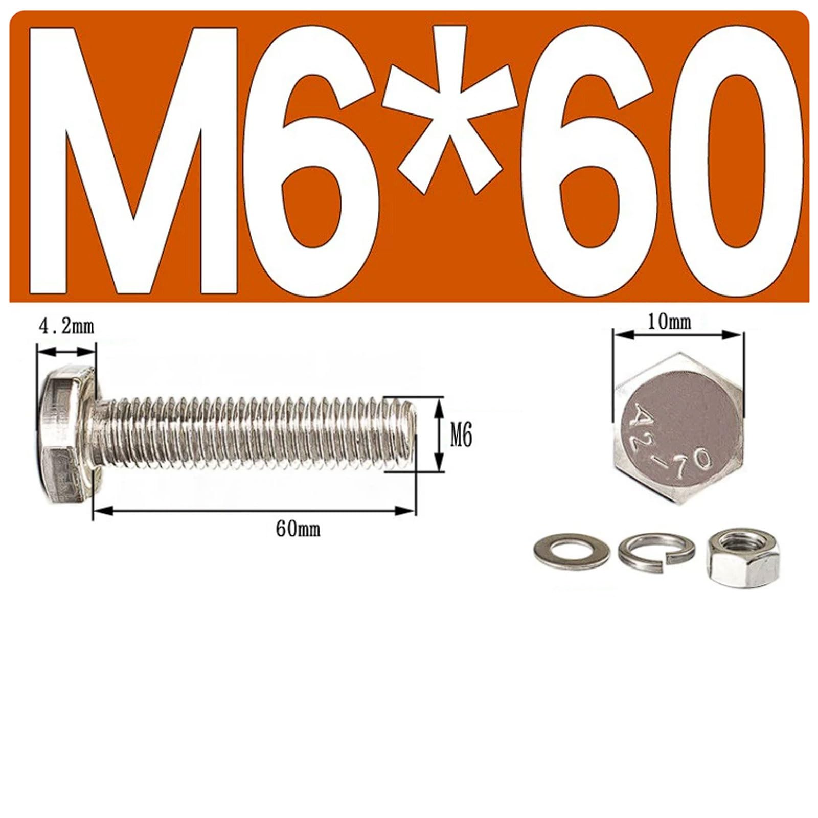 Kit de tuercas y pernos cabeza hexagonal M6 acero inoxidable 201 con arandelas, 100 juegos, juego completo sujetadores, surtido hardware(M6*60 (100 sets))