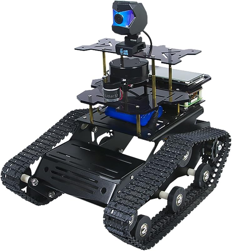 Raspberry Pi Smart AI Robot Car Kit, ROS SLAM Tank Car with LIDAR Mapping Navigation, Hd Camera, 3.5 inch Touch Display Programming Project for Adults(Black with Raspberry Pi)
