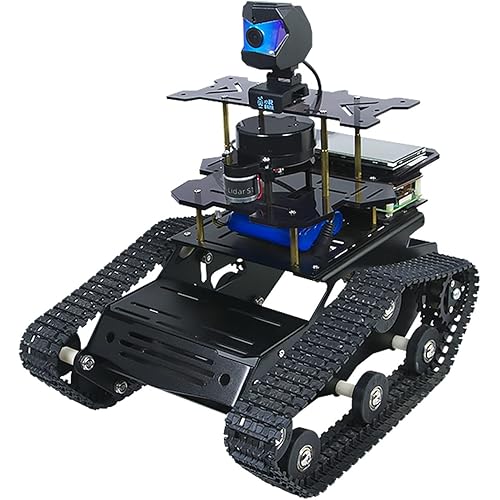 Raspberry Pi Smart AI Robot Car Kit, ROS SLAM Tank Car with LIDAR Mapping Navigation, Hd Camera, 3.5 inch Touch Display Programming Project for Adults(Black with Raspberry Pi)