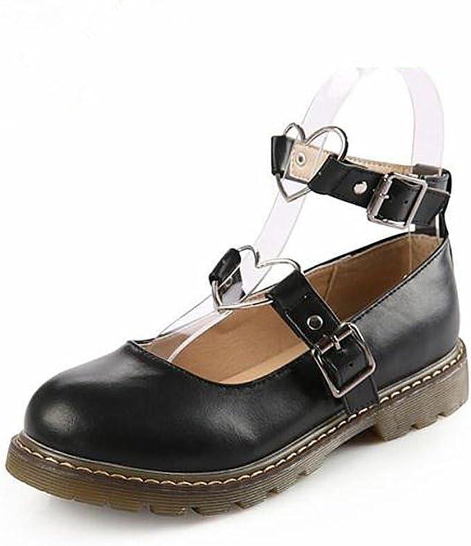 Lorie & Knight Japanse Harajuku Sweet Lolita Shoes PU Leather Heart Strap Mary Jane Flat Shoes Black, 8.5