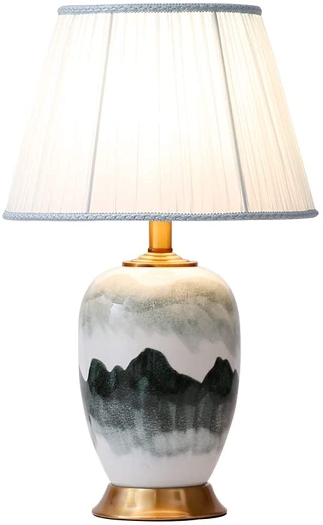 SGKOMN Chinese Ink Landscape Ceramic Table Lamp Cloth Lampshade Living Room Table Light Bedroom Bedside Lamp Home Lighting Decoration
