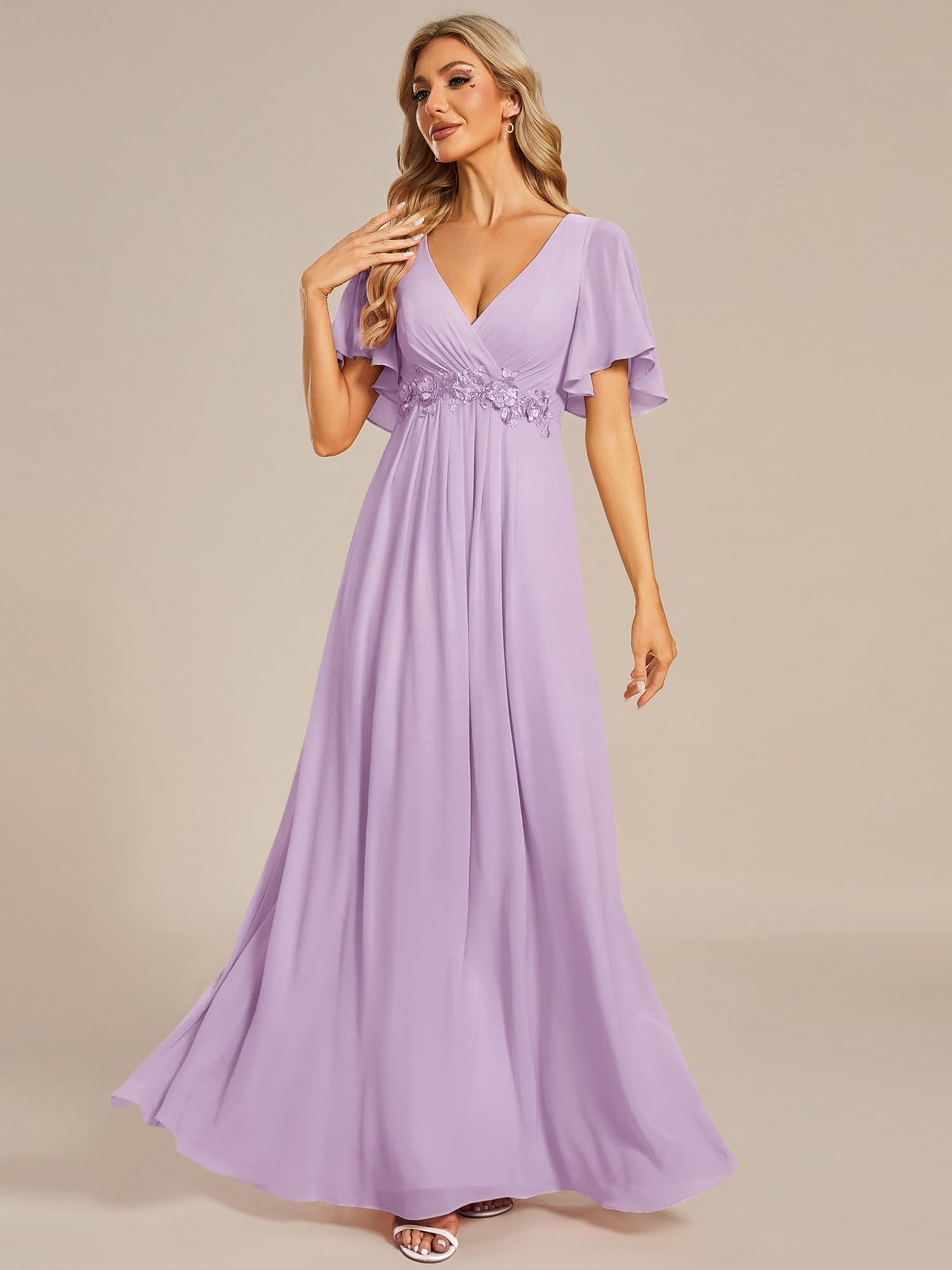 Ever-Pretty Abito T Meno di Nozze Lungo Appliqu Scollo a V Manica Corta Chic EE01960