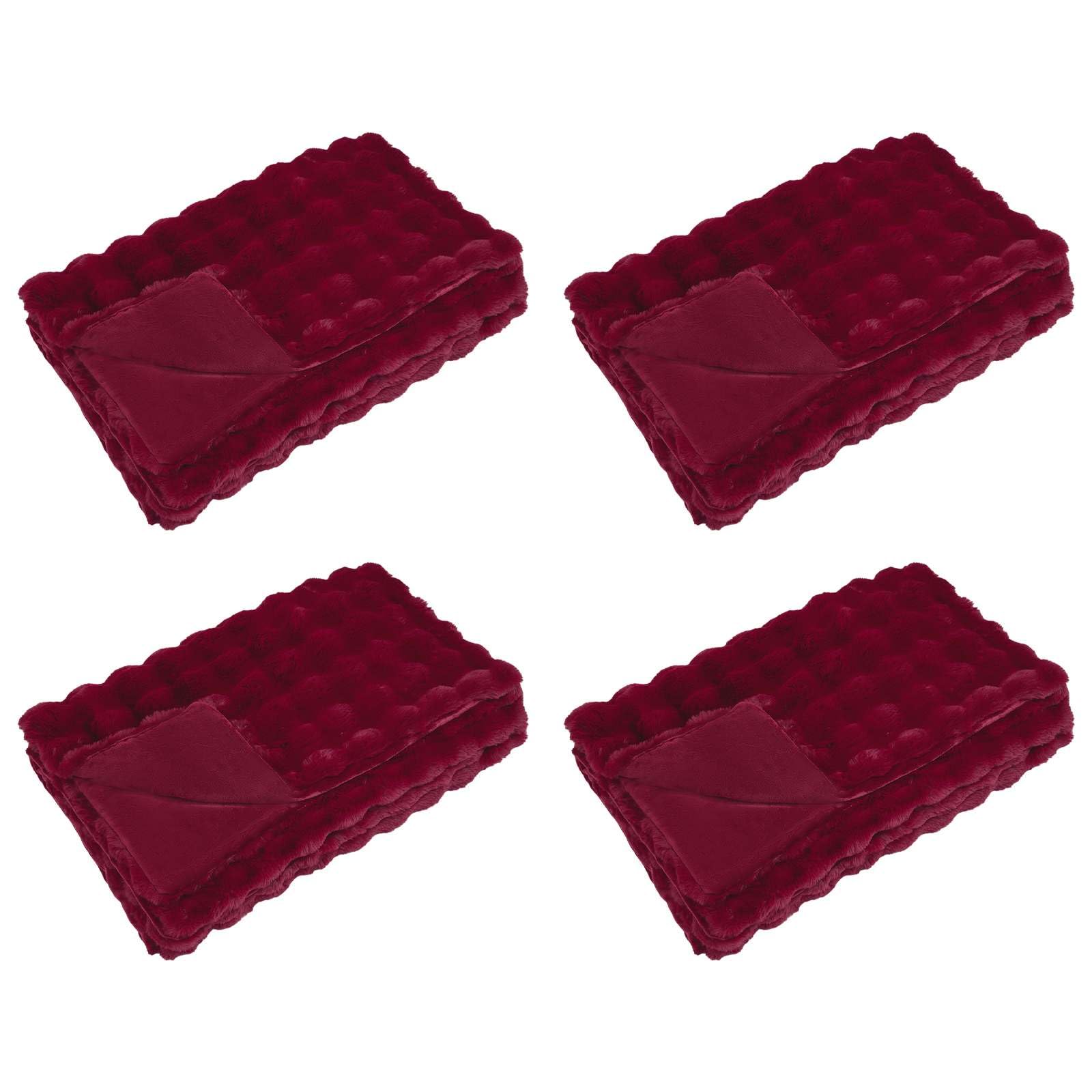 QZZCED Anti-Slip Faux Rabbit Fur Blanket Olite 4 Pcs Bordeaux Red Plush Bubble Texture Throw for Couch or Bed