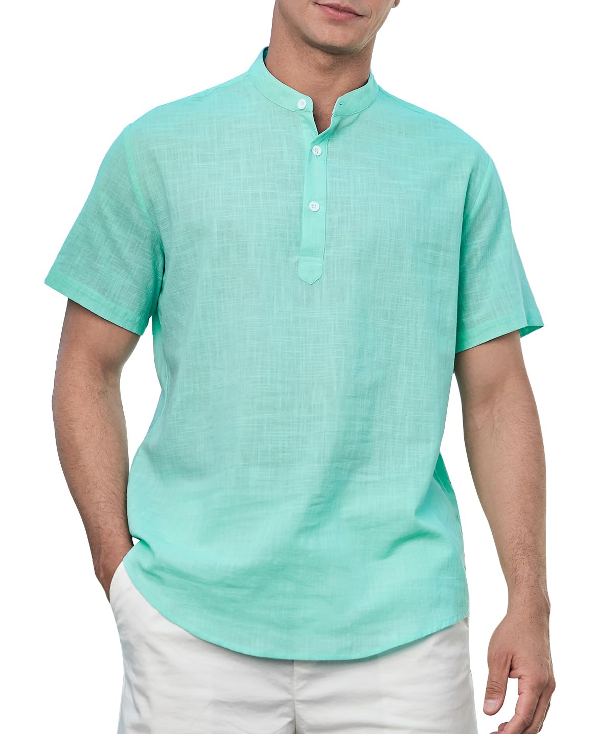 Enlision Camisa Lino Hombre Manga Corta Sin Cuello Camisas Casual para Hombres Informal Verano Henley Color Sólido Camisetas con Botónes Tops S-4XL