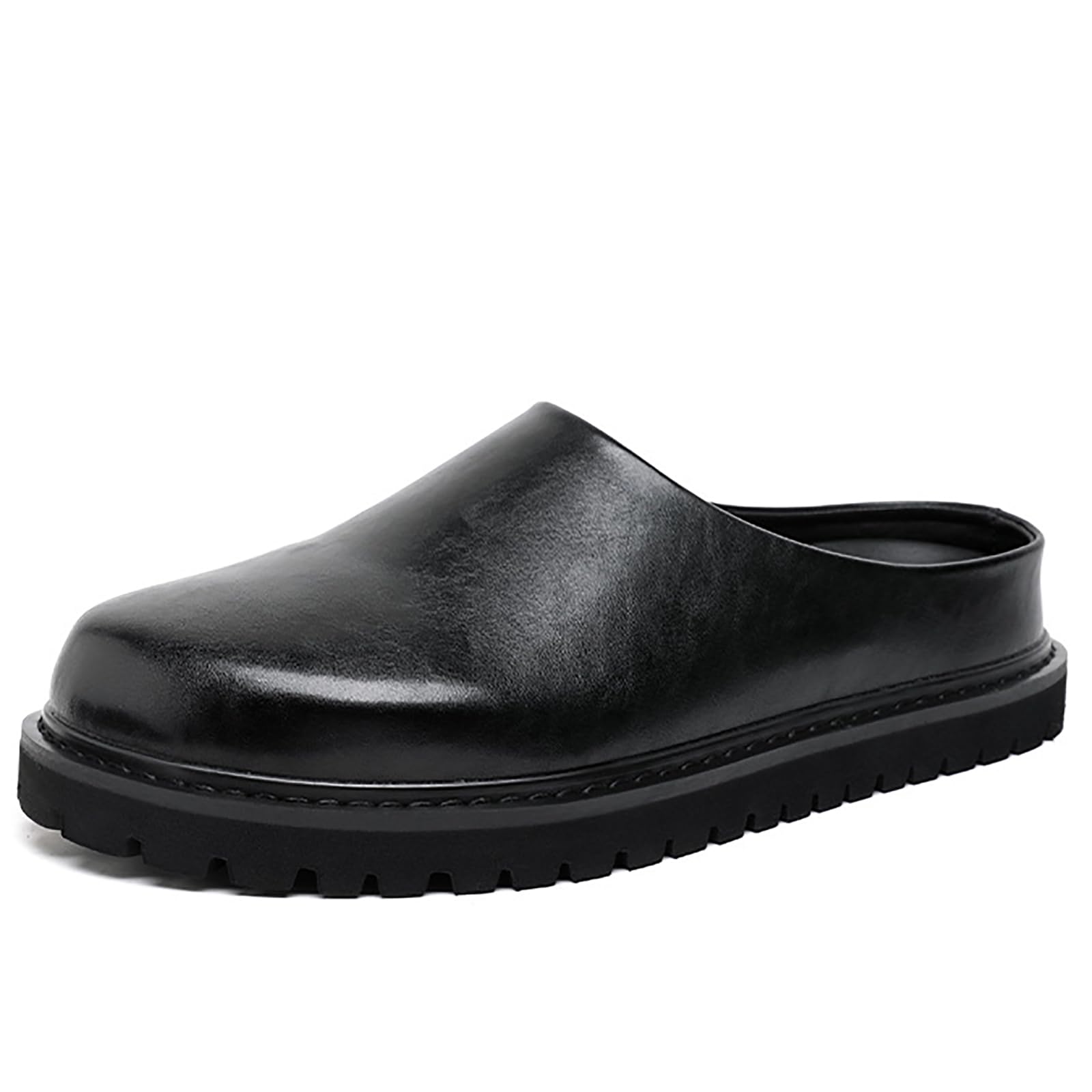 Men's Leather Closed Toe Platform Clogs Mules Casual Round Toe Comfy Backless Non-Slip Thick Sole Slip On Slippers Suitable for Work Walking Traveling