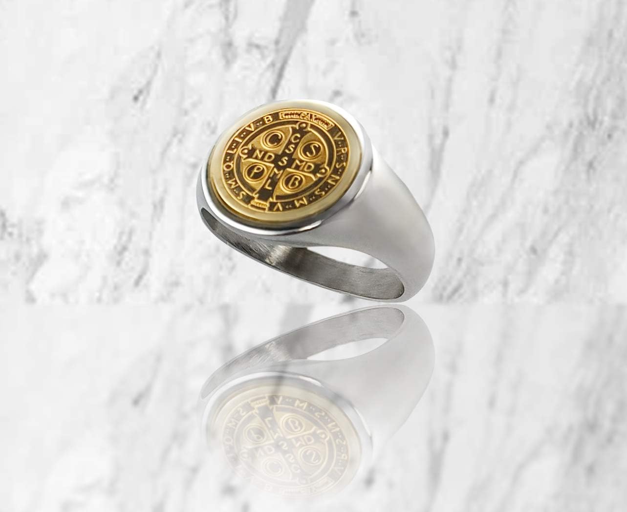 Catholic Unisex Gold Saint Benedict Ring Stainless Steel Catholic St Benedict Ring-St Benedict Holy Prayer Card Included (Gold)