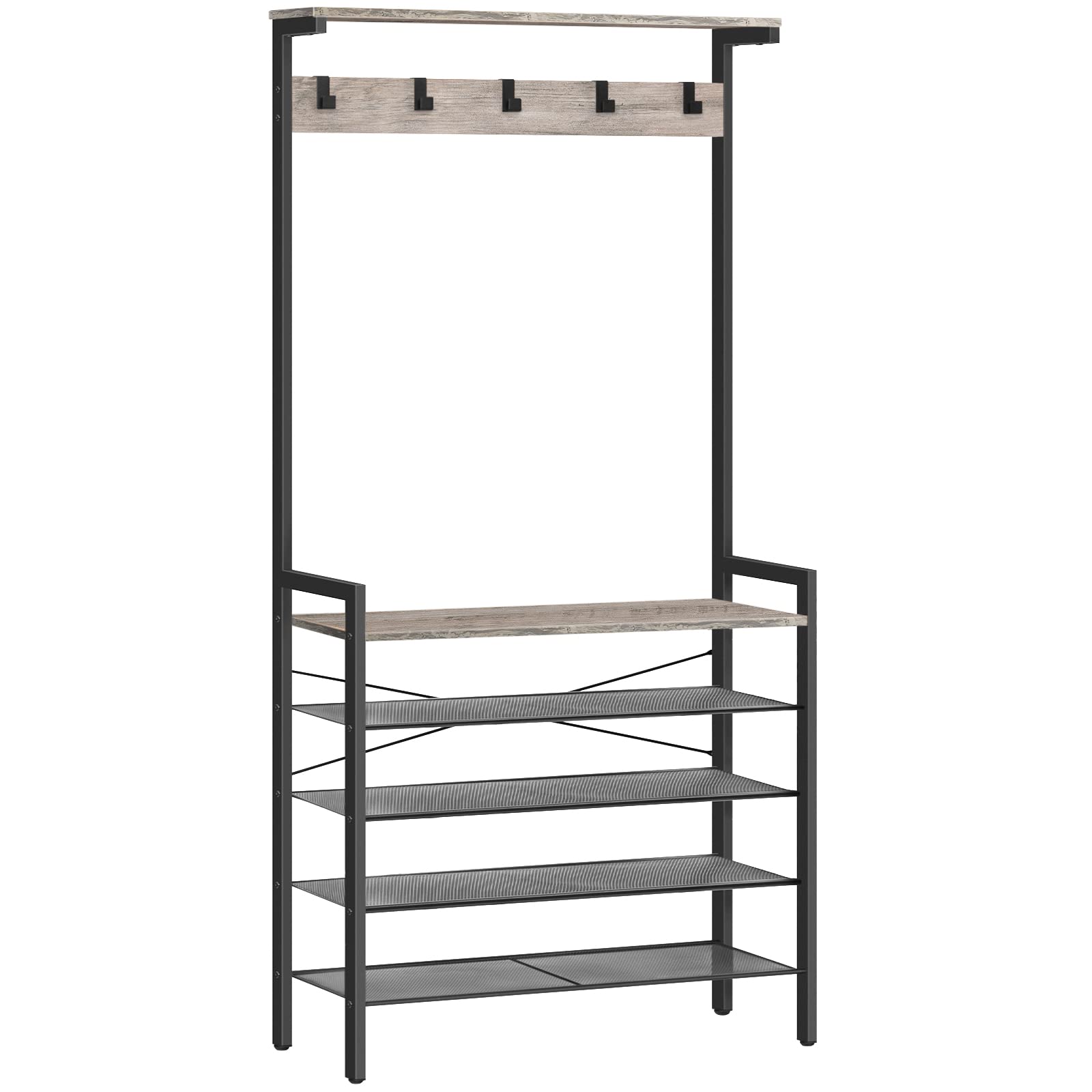 HOOBRO Coat Stand, Coat Rack with Shoe Storage, Industrial Hall Tree, Large Hall Stand, 5 Removable Hooks, Wood Accent Top Shelf, Entryway Storage Shelf, Metal Frame, Greige and Black EBG74MT01