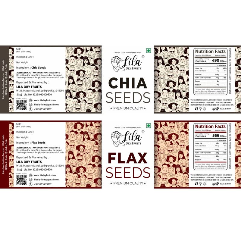 Image of LILA DRY FRUITS Chia & Flax Seeds Combo for Healthy heart, Restful sleep, Boosted energy and Weight management Immunity Booster Diet Food 100gms each Jar Pack (200g total)- Perfect for Gifting