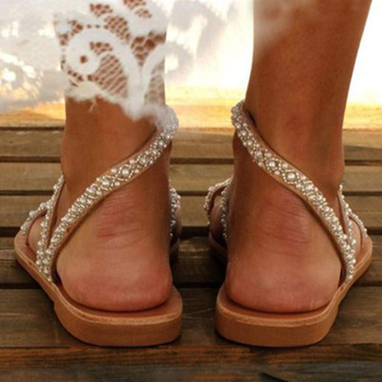 Amazon.com: Holiday Sandals Women Pearl Boho Flats Shoes Leather Beach Shoes  Vintage Women's Sandals Wedding Sandals for Women Low Heel (White, 8) :  Clothing, Shoes \u0026 Jewelry