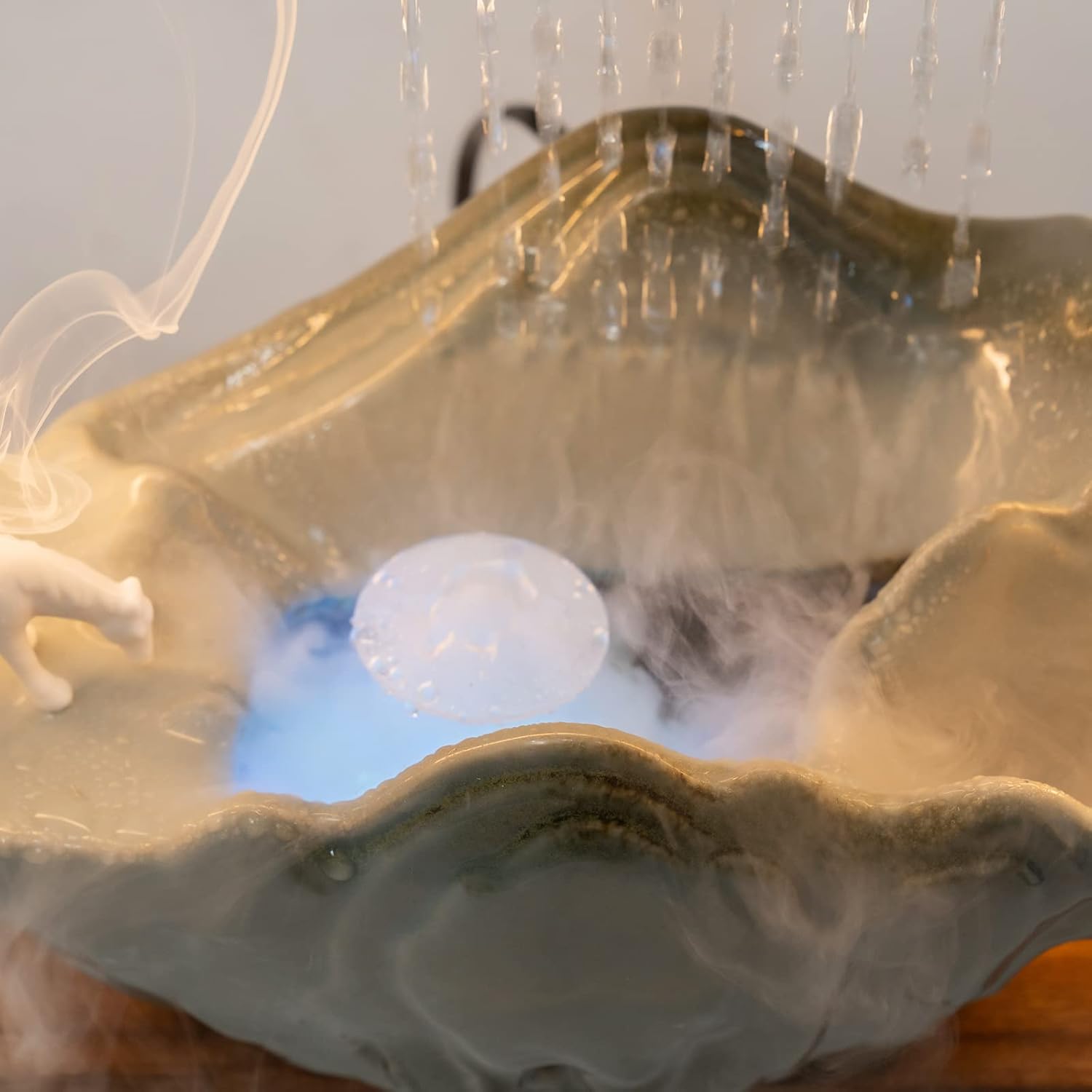 Indoor Water Fountain Desktop, LED Lighted Relaxation Tabletop Fountain Waterfall with Mist and Fake Plants, Rockery Feng Shui Decor for Meditation Good Luck Wealth