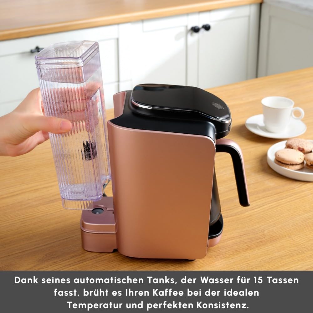 Karaca Hatır Aqua - Automatische Türkische Kaffeemaschine Mit Wassertank, Akustisches Warnsystem, 5 Tassen Türkischer Kaffee Kapazität, 735 Watt - Rose Gold