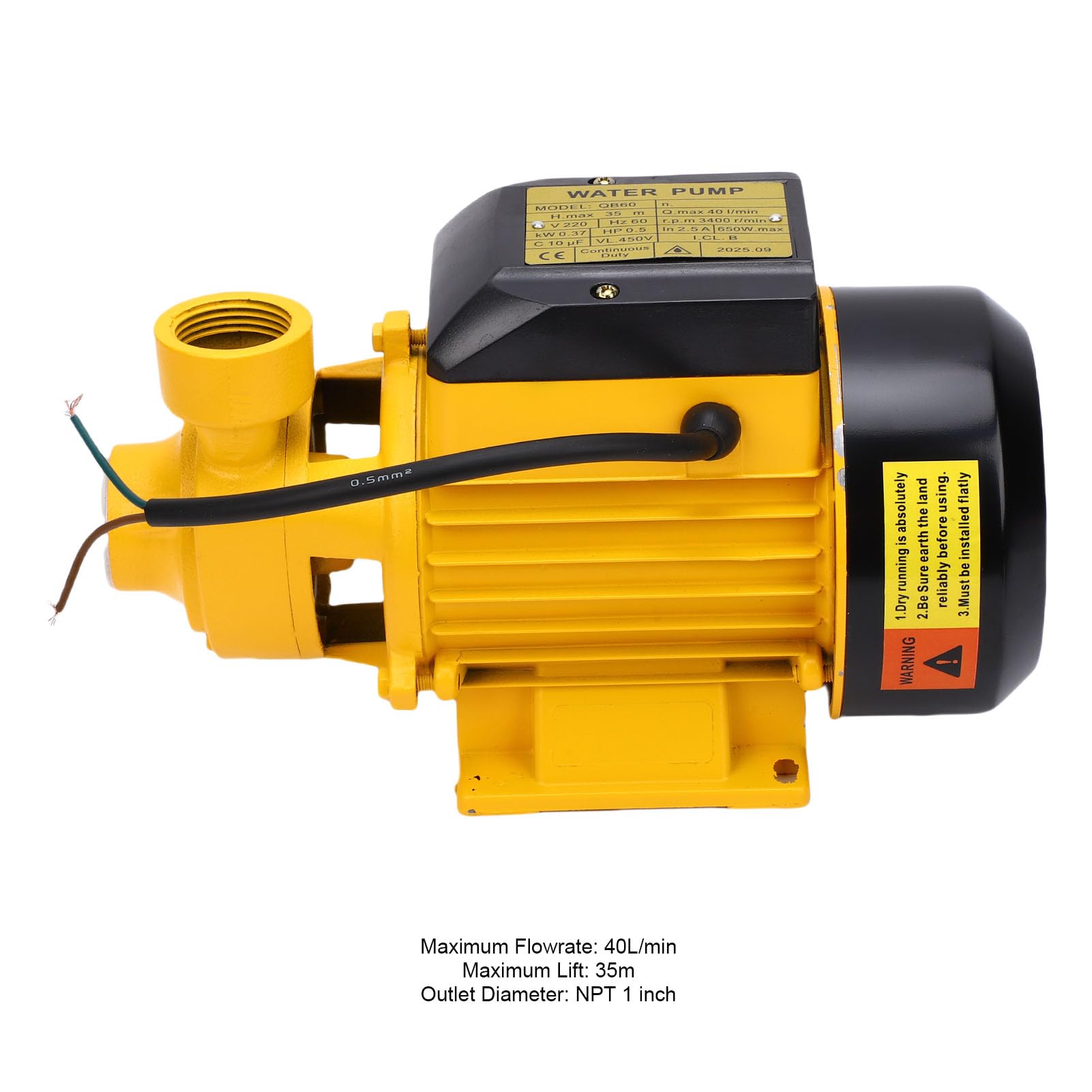 Bomba de Agua Centrífuga de 650 W, Elevación de 35 M, Caudal de 40 L/min, Entrada y Salida de 2,5 Cm, para Impulsar Estanques, Piscinas, Pozos, de Riego con Cubierta