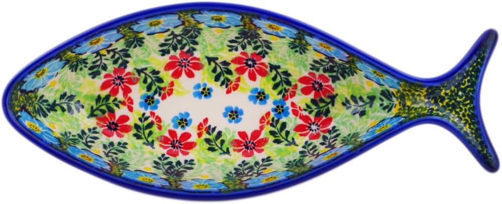 Polmedia Polish Pottery Fish Shaped Platter 10-inch UNIKAT - Tunnel Vision Pattern Handmade in Boleslawiec Poland by Ceramika Dalia + Certificate of Authenticity