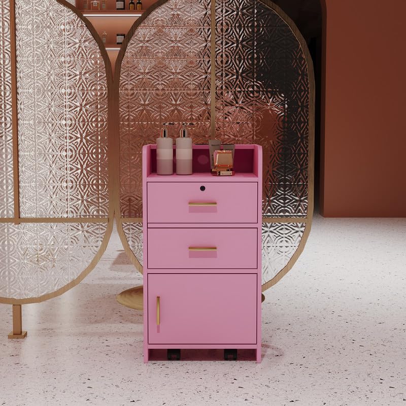 Salon-Stations-for-Hair-StylistUtility-Barber-Storage-Cabinet-Salon-Station-Organizer-on-Wheels-w-3-Hair-Dryer-HoldersRolling-Trolley-Spa-Storage-Furniture-Barber-Desk-Beauty-Salon-EquipmentPink
