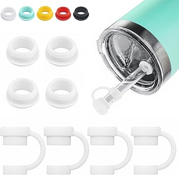Straw Cover for YETI Cup, 4 Sets Silicone Spill Stopper Compatible with YETI Tumbler, Leak Proof Kit of Mug Accessories Including 4 Straw Cover, 4 Leak Proof Stopper White 4PCS