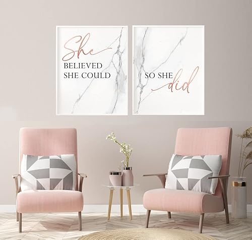 NATVVA Póster artístico de pared con texto en inglés She Believed She Could So She Did, impresiones en lienzo, pintura de oro rosa, obra de arte