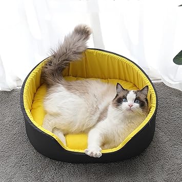 Pets Velvet Washable Bed for Dogs & Cats, Dog Sleeping Bed Round, Pet Cushion, Made of Anti-Chew Material, Warm, Anti-Slip Cold Protection Washable Soft for Large Dogs/Cats (L, Yellow)
