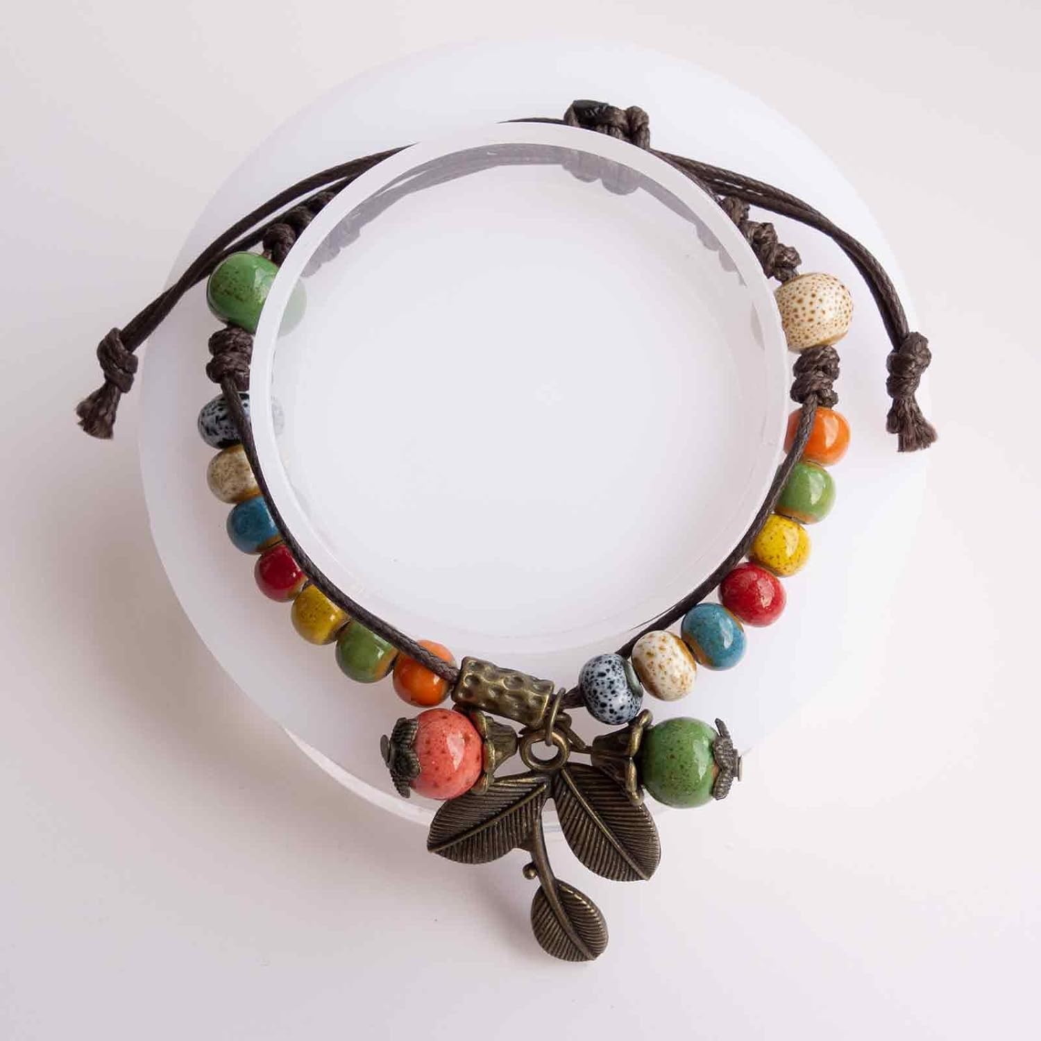 Hippie Charm Bracelets for Women, Colorful Ceramic Beads Bracelet with Leaf Charm, Adjustable Ethnic Braided Bracelet, Handmade Jewelry Gift for Sisters Friends - Image 7