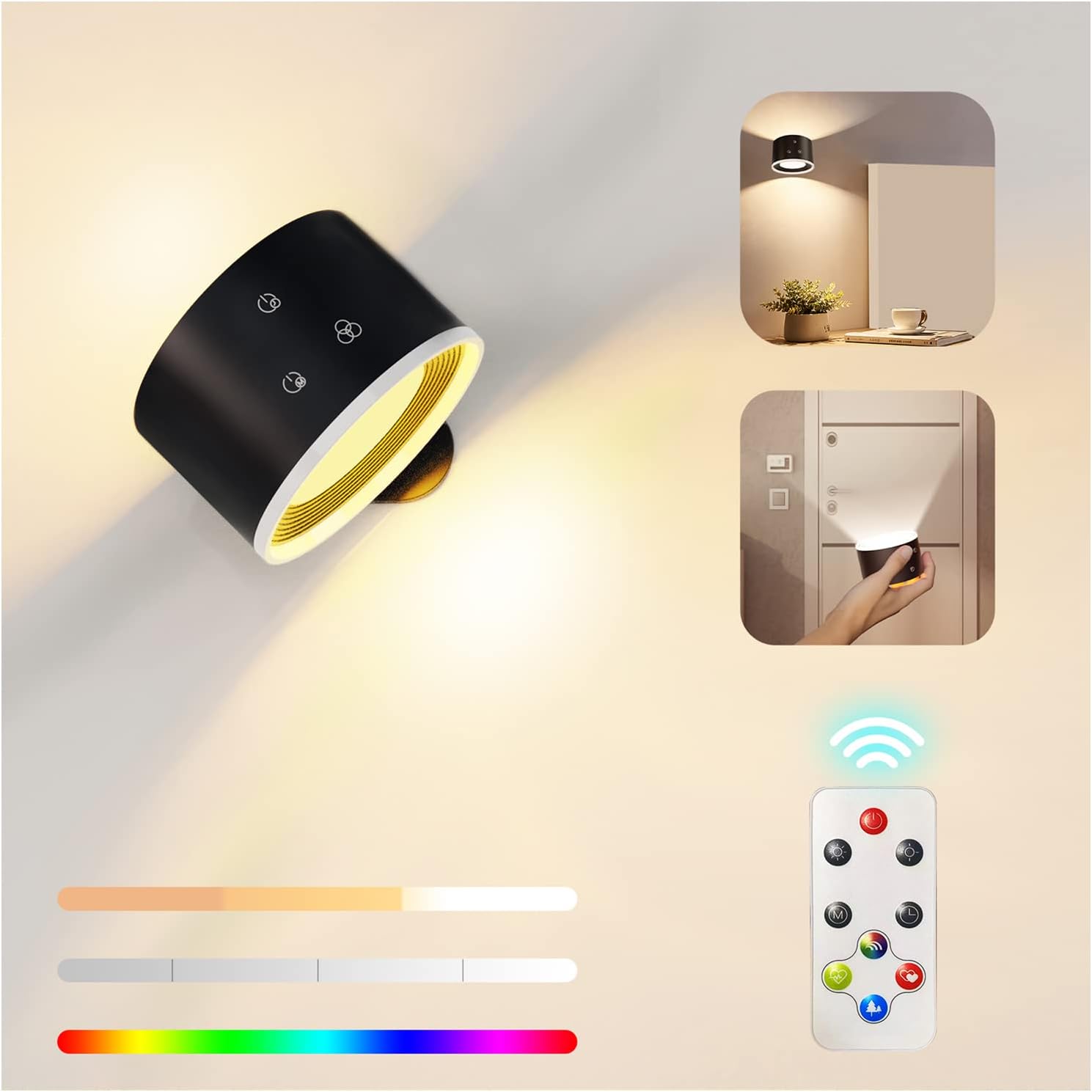 Wall Light Indoor, Wall Lamp with Remote Control Dimmable RGB Ambient Lighting with Rechargeable Battery, 1-Hour Timer Function Touch Control 360° Rotatable Up and Down (Black+7 RGB Light)