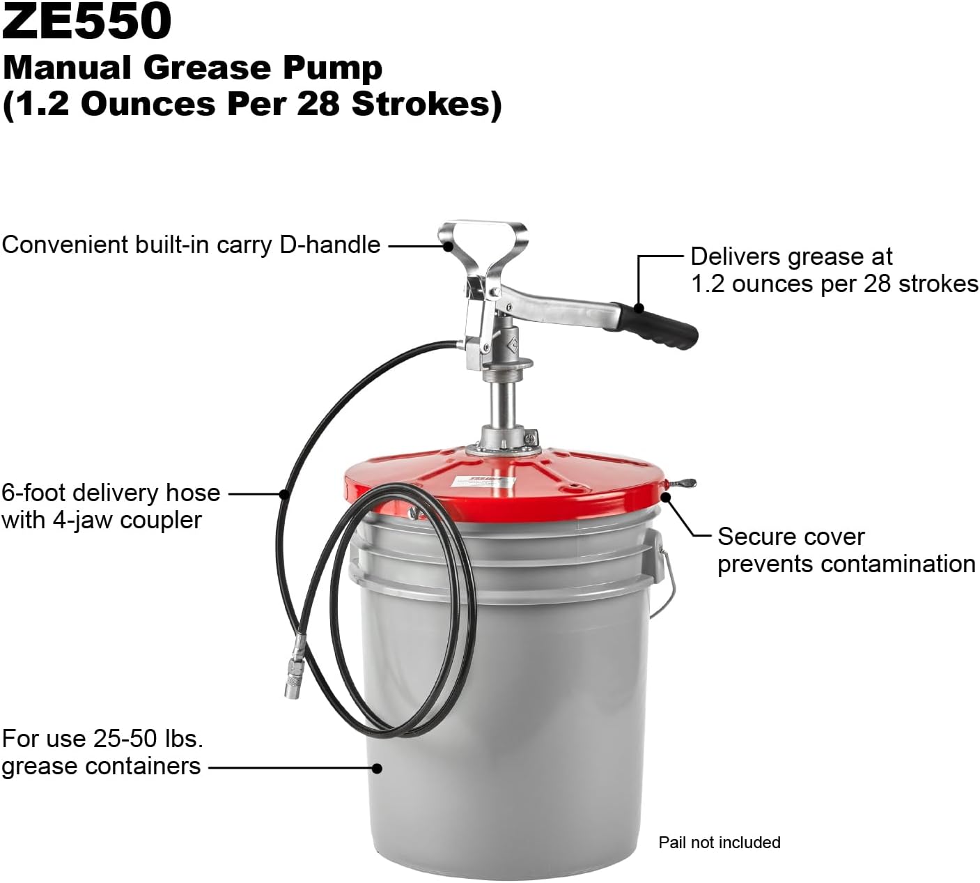Zeeline By Milton ZE550, Grease Pump, 1.2 Ounces Per 28 Strokes, Designed To Fit 25-50 LBS of Grease, Manual Grease Pump with Carrying Handle, Maximum Output Pressure 3500 PSI