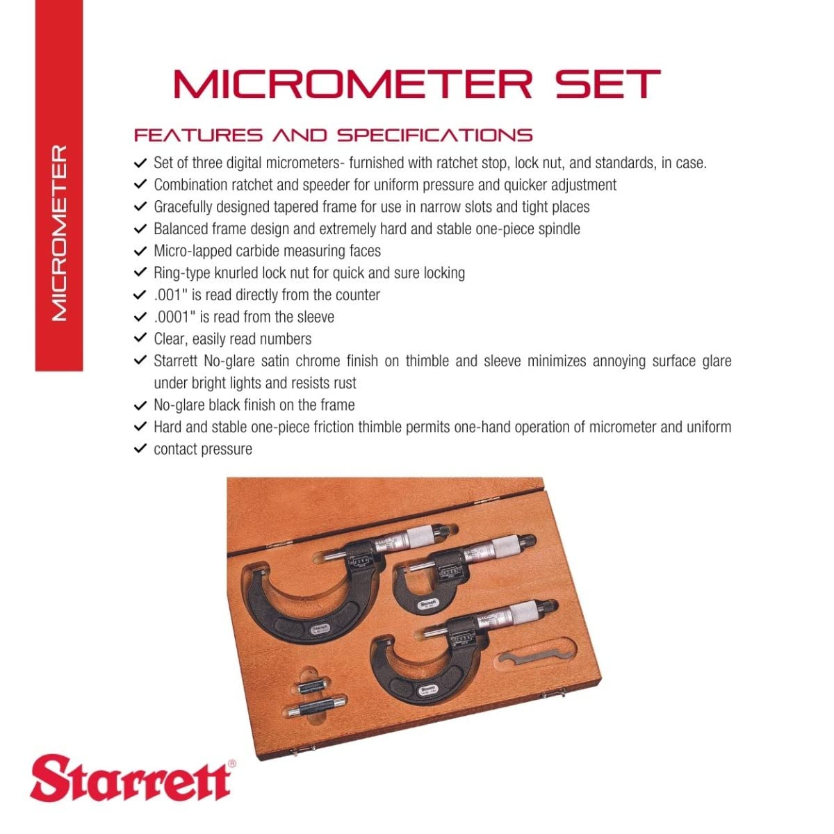 Starrett Outside Digital Micrometer Set with One-Piece Friction Thimble, Satin Chrome Finish and Tapered Frame - Quick and Easy Adjustment, 0-3" Range, .0001" Graduation - ST216AXRLZ