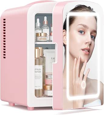 Xbeauty 4L Mini Skincare Fridge with Dimmable LED Mirror, Portable Makeup and Food Cooler