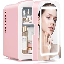 Xbeauty 4L Mini Skincare Fridge With Dimmable LED Mirror | Mini Makeup Fridge for SkinCare, Cosmetics, Food &amp; Drinks, Portable Small Refrigerator for Bedroom, Dorm, Car, Office, Pink