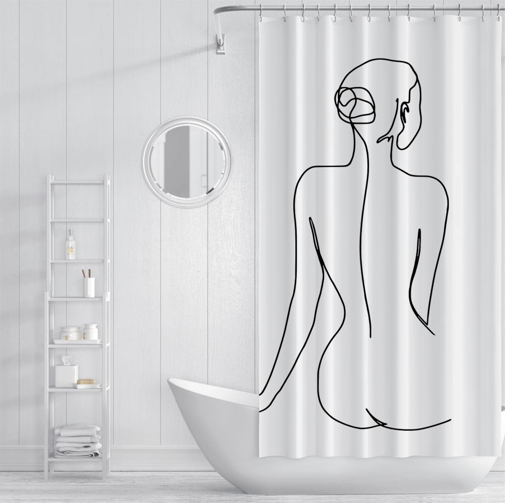 Cortina de Ducha estética Moderna, Cortina de Ducha de Tela Abstracta de Dibujo de una línea para Juegos de baño con 12 Ganchos 220Wx180Lcm Cortina de Ducha
