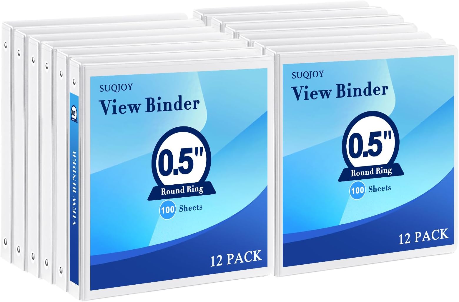 1/2 Inch 3-Ring Binder, 0.5-inch Round Ring Binder with 2 Inside Pockets, 12 Pack White Binders, Clear View CoverBinder Holds 8.5'' x 11''Paper for Office/Home/Back to School