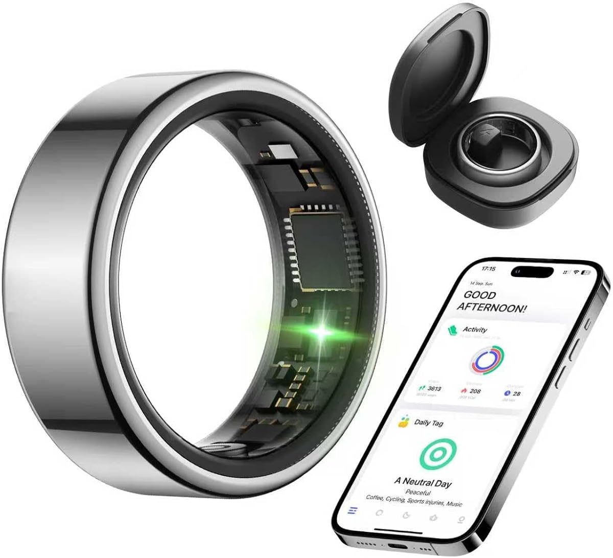 Smart Health Ring for Women Men Fitness Tracker with Heart Rate, Support Sleep Monitoring and Exercise Recording, IP68 Waterproof for iOS and Android, No APP Fee，Ultra-Thin Design (Silver, 7)