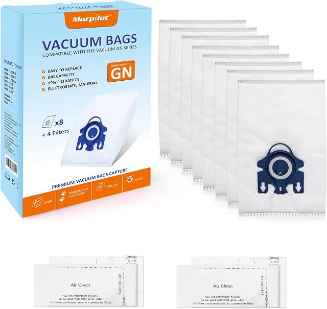morpilot Vacuum Cleaner Bags for Miele, Pack of 8, 3D Efficiency Dustbags for Bagged Miele Vacuum Cleaners, 4 Filters