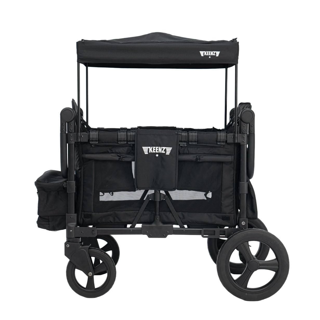 Keenz MOOV 4-Passenger All-Terrain Stroller Wagon with Reclining Seats, Built-in Cooler, Push/Pull Handle, Rubber Wheels, and Activity Tray – Foldable Wagon for Four Kids, Black