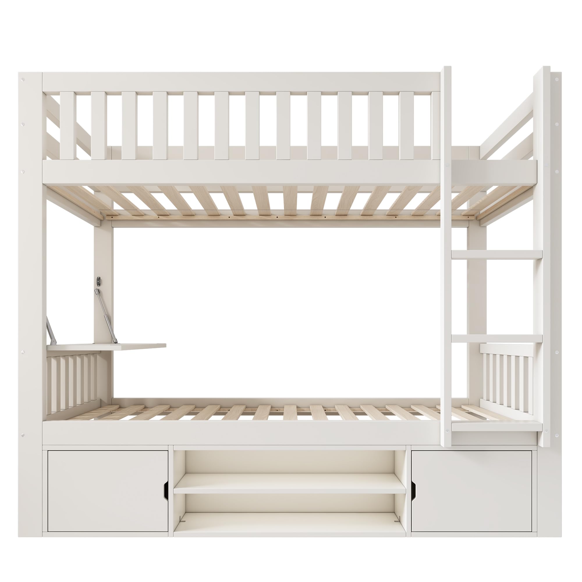 Cama alta para niños, 90 x 200 cm, color blanco, con tablero plegable y zapatero integrado, somier, solución todo en uno, certificado EN747, sin colchón