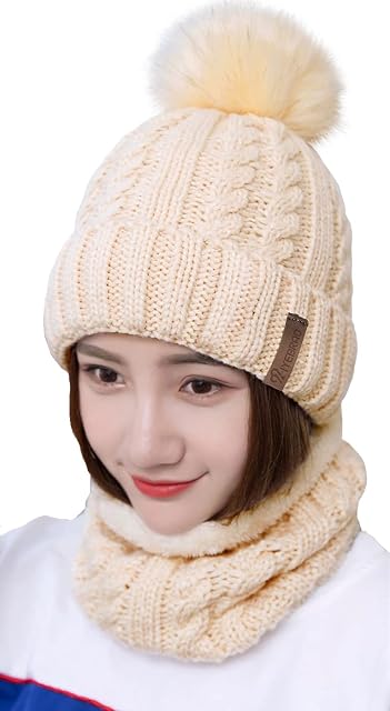 29 IYEBRAO Womens Winter Knit Pom Pom Beanie Hat Scarf Set Girls Slouchy Thick Fleece Lined Ski Hat Warm Skull Cap