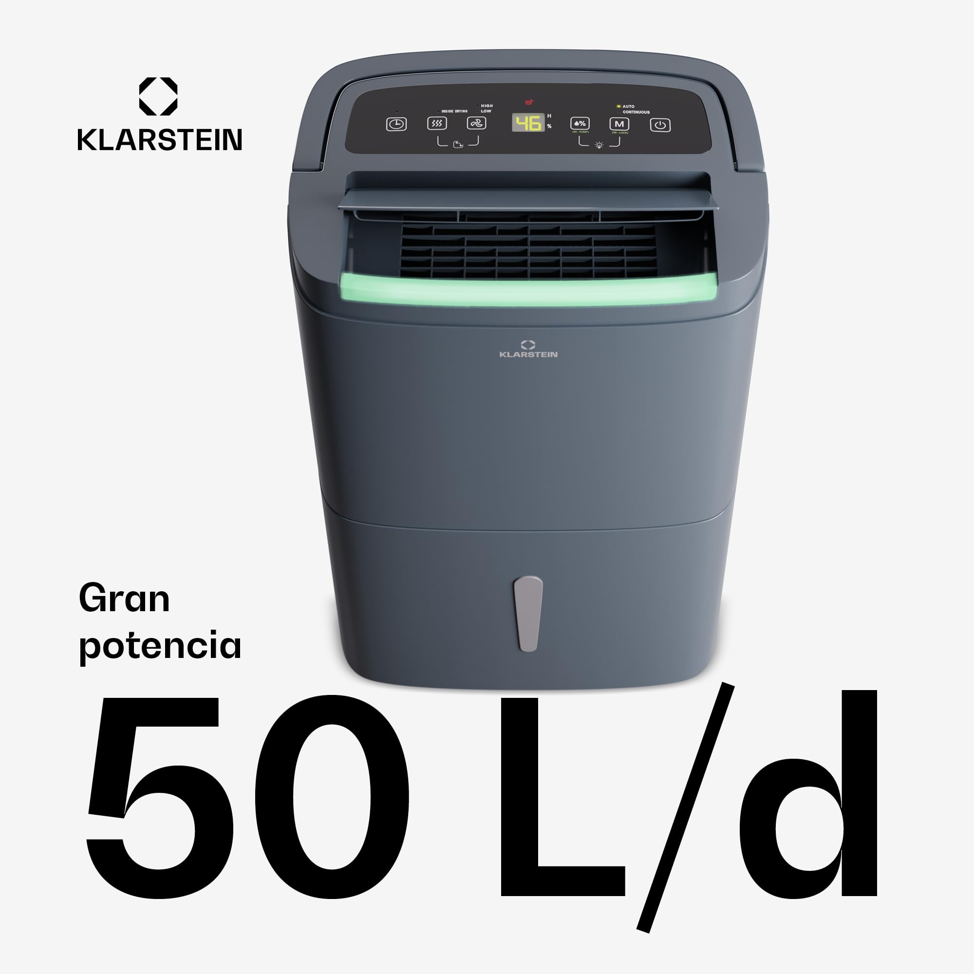 Klarstein DryFy Connect 50L Deshumidificador Inteligente, 50L/24h, WiFi App, Depósito 7L, Temporizador 24h, Desagüe Continuo, Portátil para Hogar, Habitaciones 45-55m², Antracita